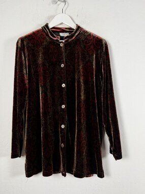 Clio II Womens Velvet Button Up Top Burgundy Gold Paisley Mandarin Collar Boho